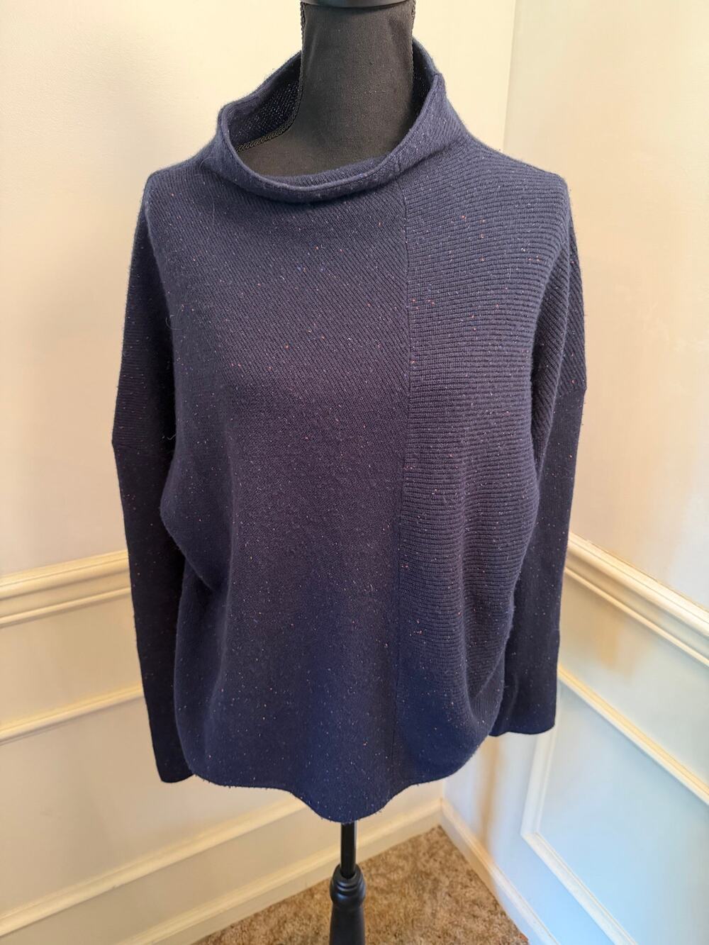 Nordstrom Signature 100% Cashmere Speckled Cowl Neck Sweater Navy Blue Pullover
